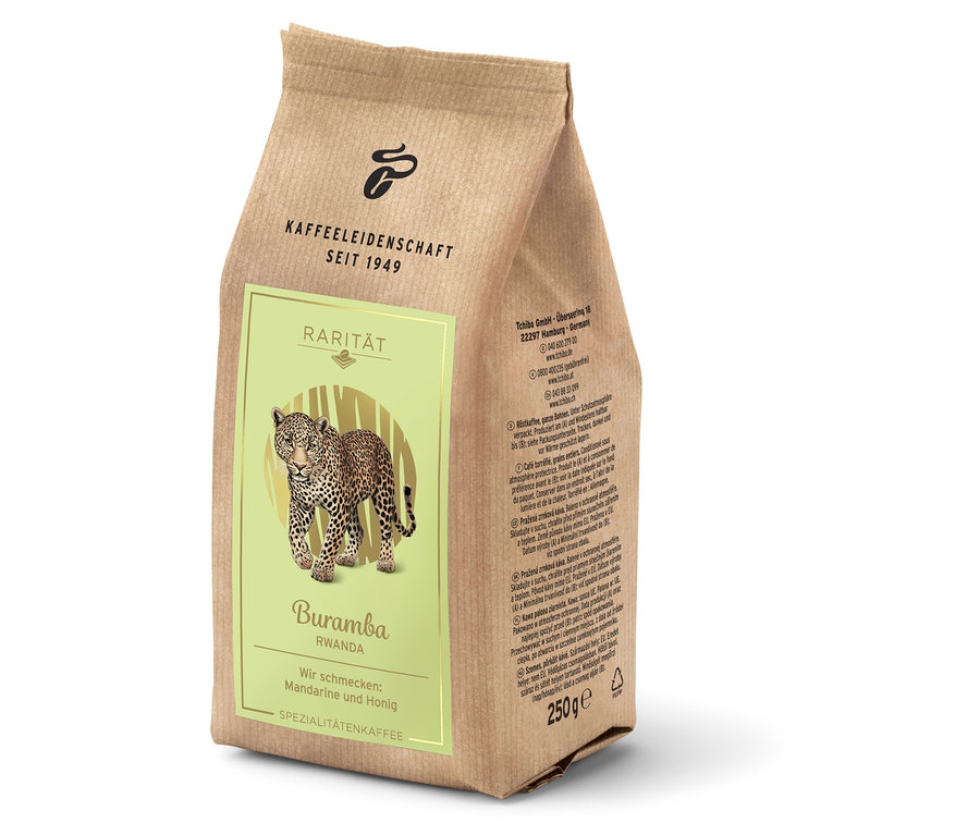 Eine Packung Tchibo Rarität Buramba Rwanda Spezialitätenkaffee mit einem Leopardenbild.