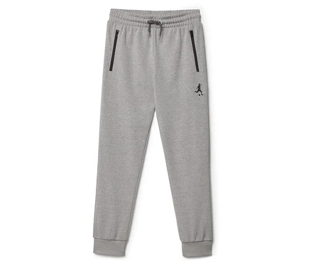 Graue Jogginghose mit Kordelzug und Reißverschlusstaschen.