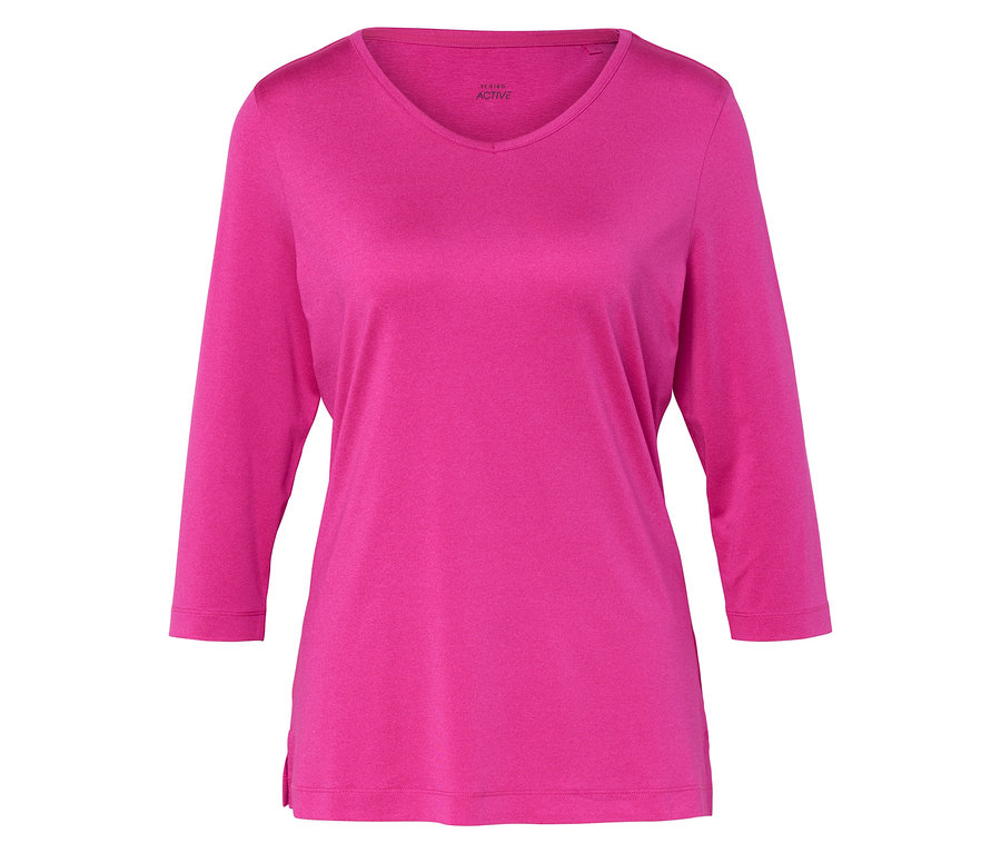 Ein pinkfarbenes Langarmshirt mit V-Ausschnitt liegt auf einer ebenen Fläche.