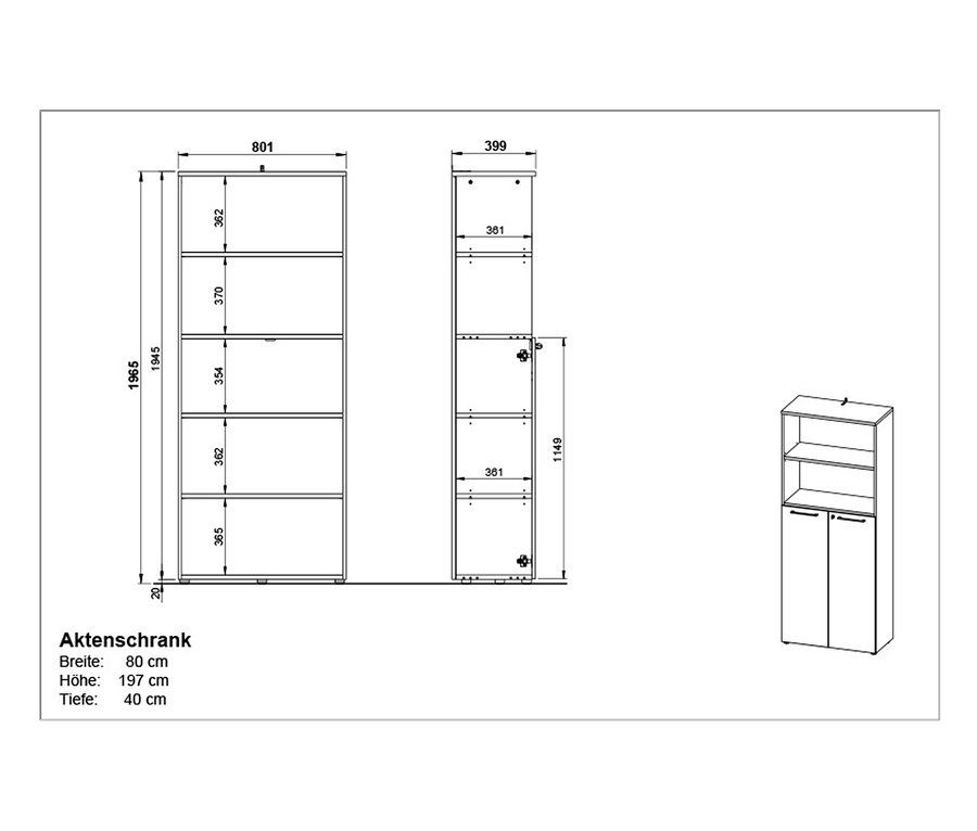 Technische Zeichnung eines großen Aktenschranks »Agenda« mit zwei offenen Fächern und zwei Türen.