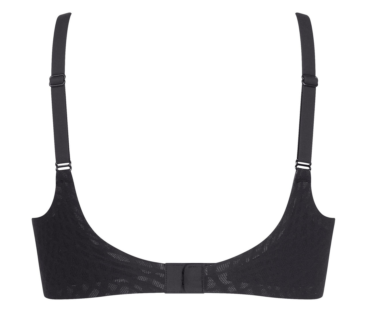 Rückansicht eines schwarzen BHs mit verstellbaren Trägern und Hakenverschluss.