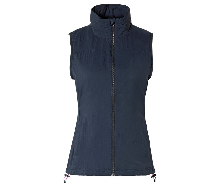 Dunkelblaue, ärmellose Steppweste mit durchgehendem Reißverschluss und hohem Kragen.