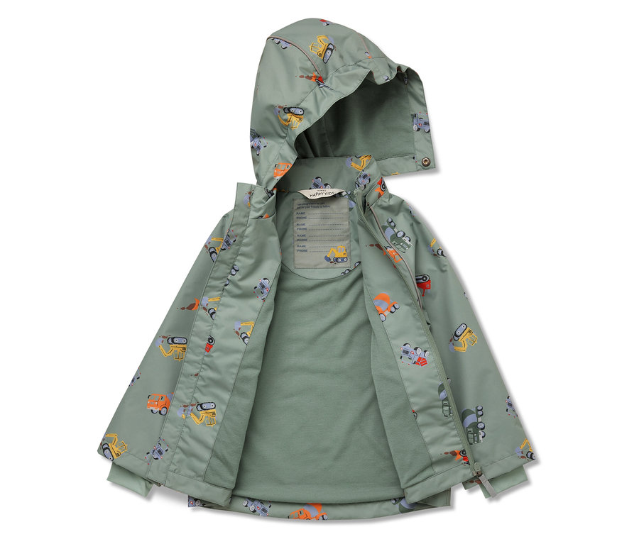 Geöffnete grüne Kinderjacke mit Bagger- und Baustellenfahrzeugmuster.