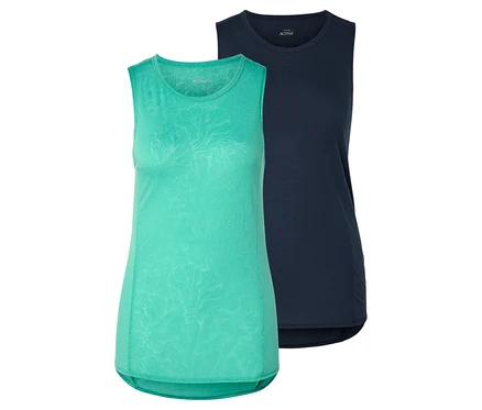 Zwei ärmellose Active-Damenoberteile, eines in Türkis mit Muster, das andere in Marineblau.