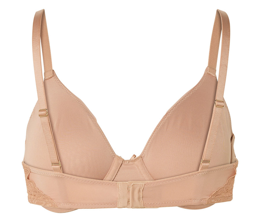 Nahaufnahme der Rückseite eines beigen BHs mit verstellbaren Trägern und Spitzenakzenten.