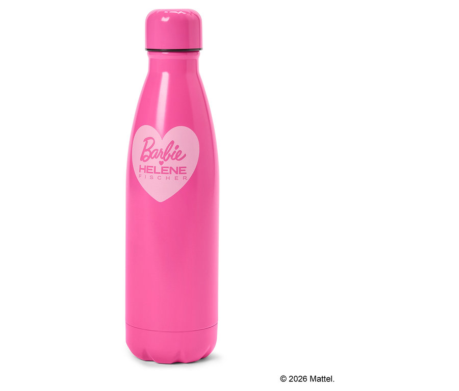 Eine pinke Trinkflasche mit einem hellrosa Herzaufdruck, der den Schriftzug "Barbie HELENE FISCHER" enthält.
