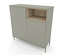 Salbeigrüne Highboard »Hygge« mit zwei Türen, einem offenen Holzfach und zwei Schubladen auf Füßen.