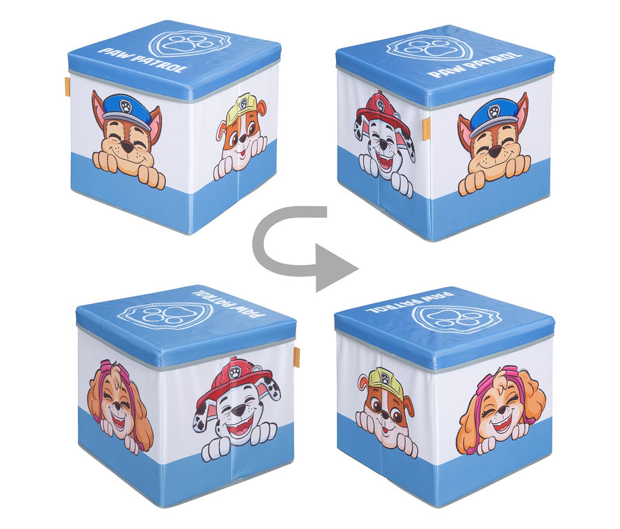 Vier Paw Patrol Spielzeugkisten mit verschiedenen Charakteren und ein Pfeil in der Mitte, der eine Drehung andeutet.