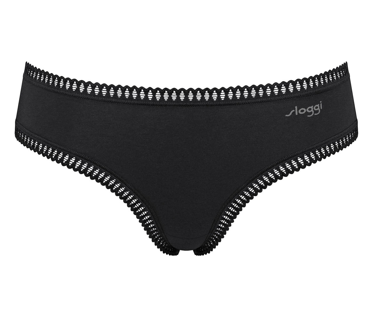Schwarzer Sloggi Slip mit weißer Spitze.