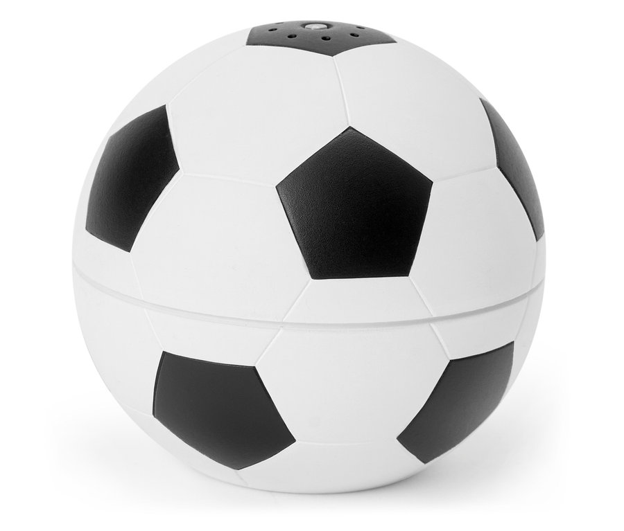 Ein Fußball-förmiger Behälter mit einem abnehmbaren Deckel, der auf einer weißen Oberfläche steht.