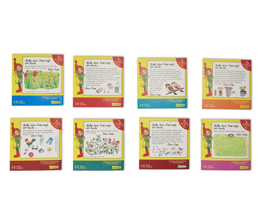 Acht Pixi-Buch-Cover liegen aufgereiht. Jedes Cover zeigt Illustrationen und Text mit dem Titel "Hallo, dein Pixi zeigt dir heute".