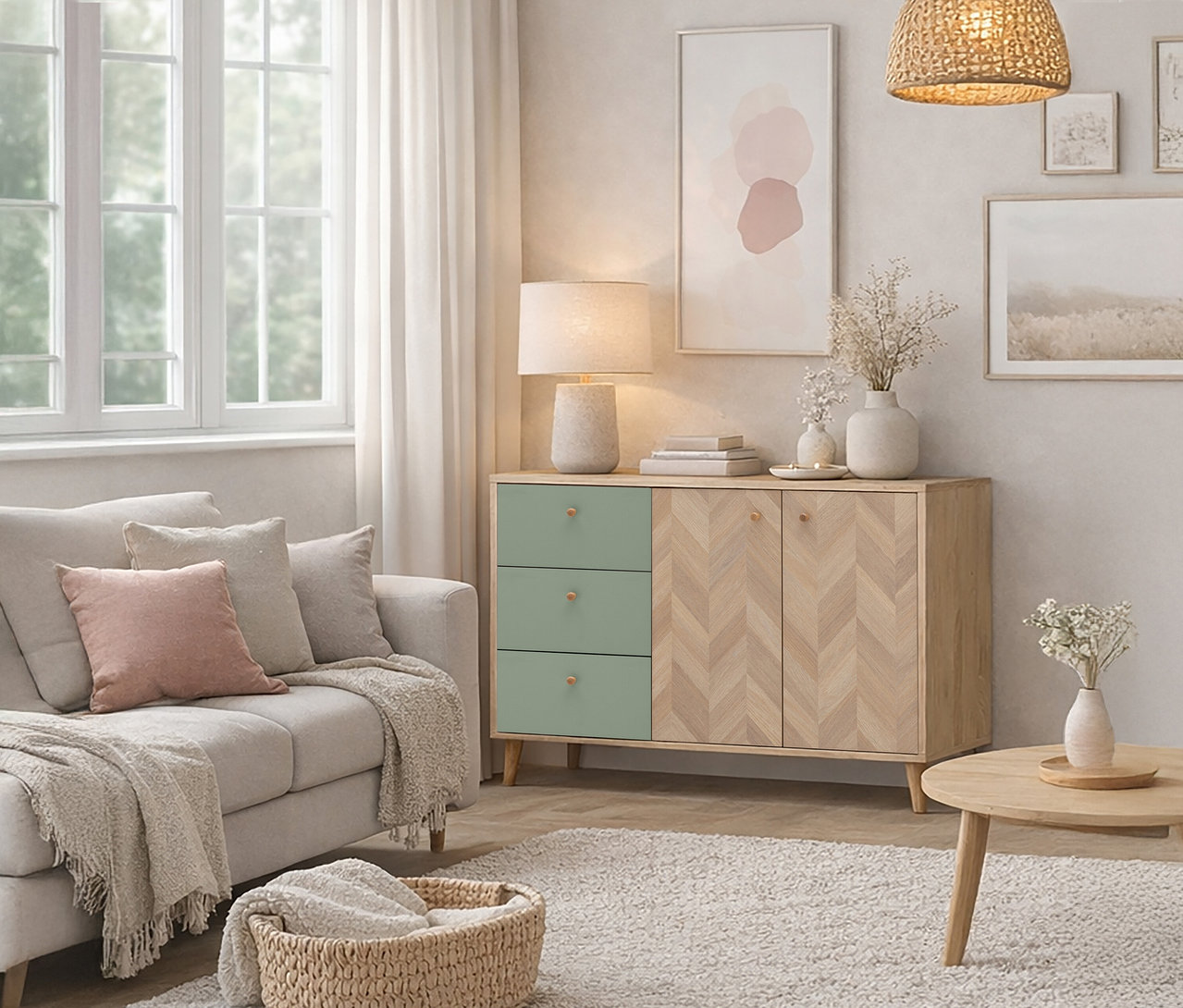 Wohnzimmer mit Sofa, Kommode mit Schubladen und Deko, Teppich und Korb.