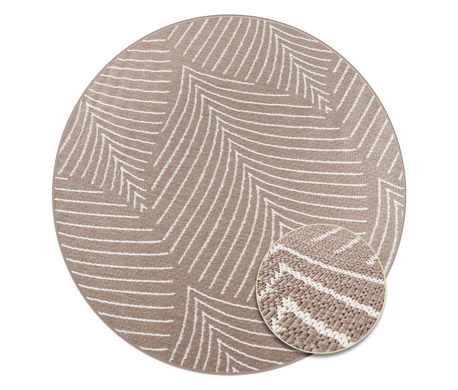 Runder, hellbrauner Teppich mit weißem Zickzackmuster. Eine Nahaufnahme des Teppichmaterials ist unten rechts zu sehen.