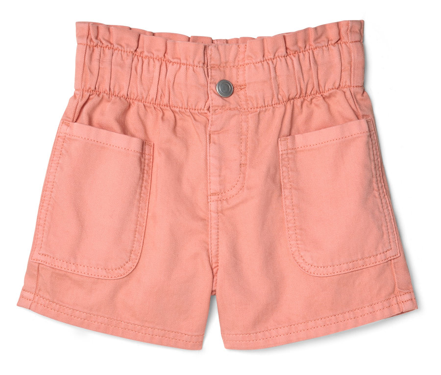 Nahaufnahme der Kinder-Jeansshorts in Rosa mit Gummibund und Taschen.