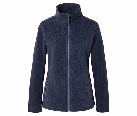 Dunkelblaue Fleecejacke mit Stehkragen, durchgehendem Reißverschluss und zwei Reißverschlusstaschen vorne, auf weißem Hintergrund.