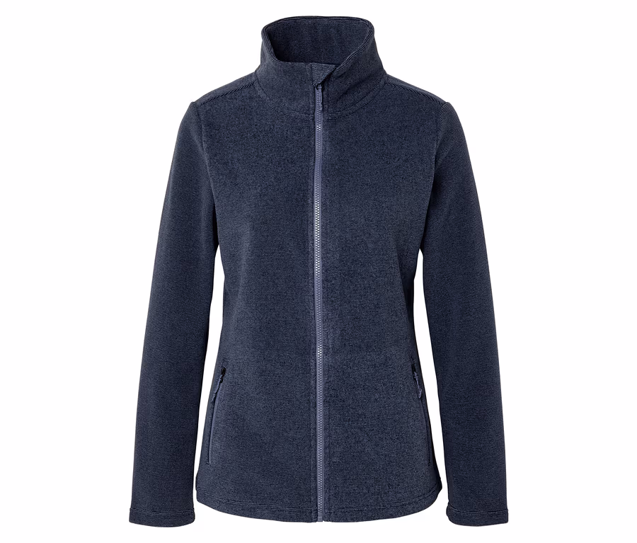 Dunkelblaue Fleecejacke mit Stehkragen, durchgehendem Reißverschluss und zwei Reißverschlusstaschen vorne, auf weißem Hintergrund.