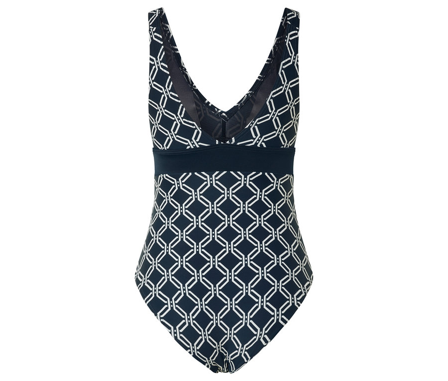 Blau-weisser Badeanzug mit geometrischem Muster.