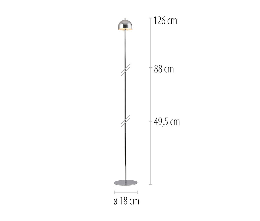 Verchromte Stehleuchte mit kuppelförmigem Schirm und rundem Fuß. Gesamthöhe 126 cm, Fußdurchmesser 18 cm.