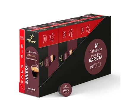 Eine Packung Cafissimo Espresso Barista Kapseln in einer schwarzen Halterung, mit einer einzelnen Kapsel davor.
