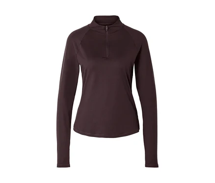 Dunkelbraunes Langarmshirt mit Stehkragen und kurzem Reißverschluss vorne.