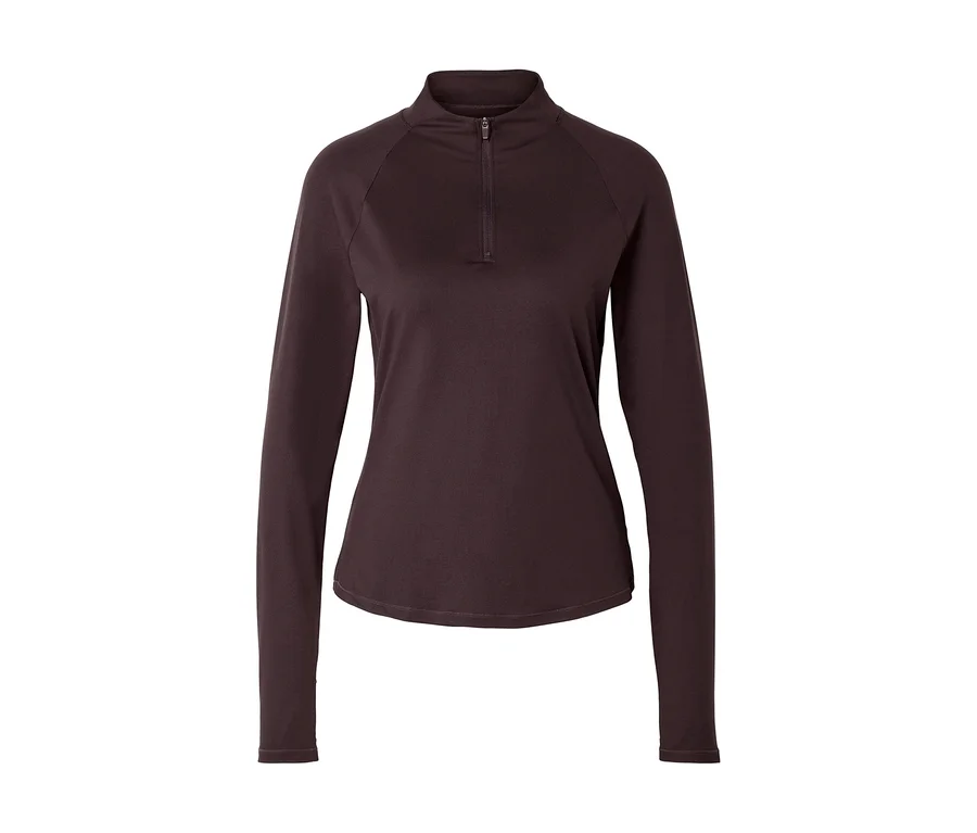 Dunkelbraunes Langarmshirt mit Stehkragen und kurzem Reißverschluss vorne.