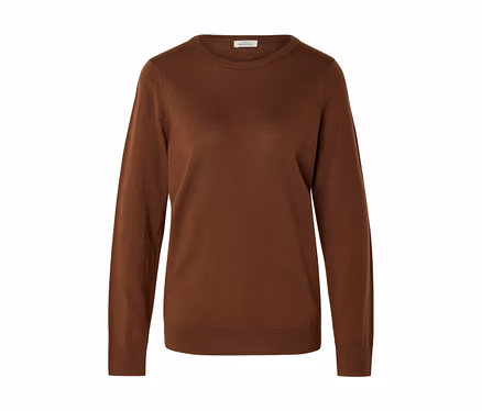 Brauner Langarm-Pullover mit Rundhalsausschnitt.