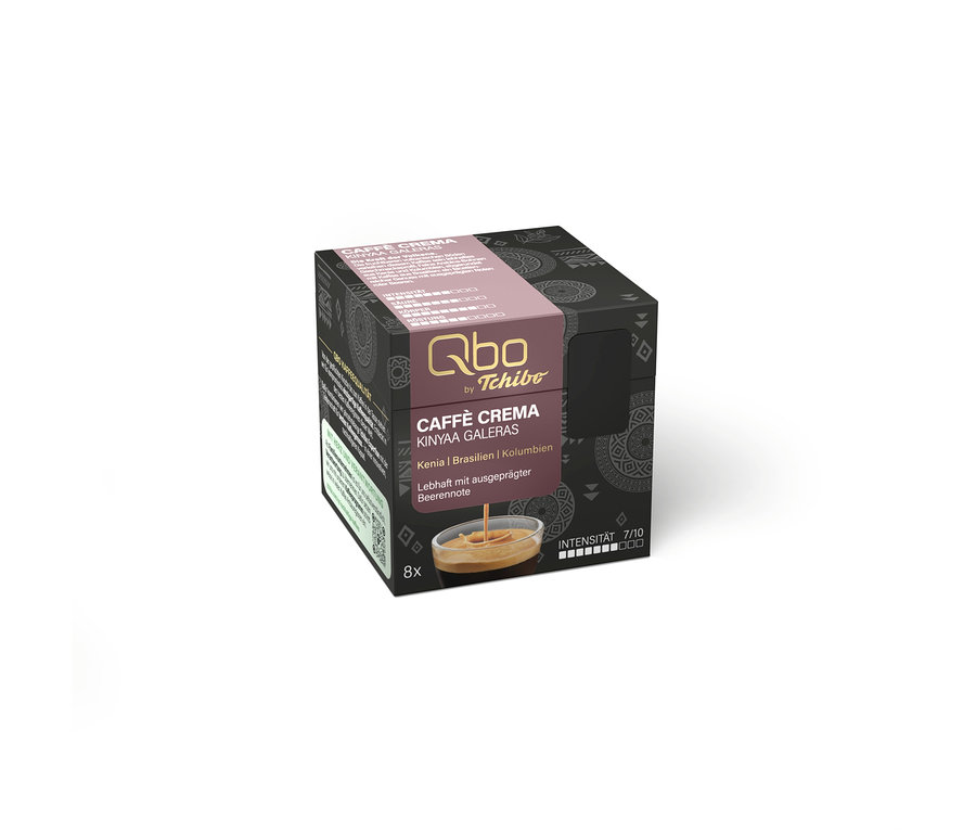 Dunkle Qbo by Tchibo Caffè Crema Kinyaa Galeras Kaffeekapselpackung mit 8 Kapseln, Intensität 7/10, lebhafter Beerennote und Bild von Kaffee in einer Tasse.
