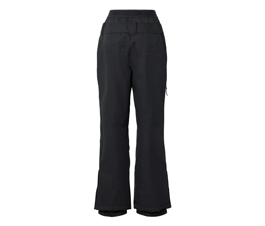 Schwarze Hose von hinten gesehen mit elastischem Bund, auf dem "ACTIVE" steht. Die Hose hat Gesäßtaschen, einen Reißverschluss an der Seite und innenliegende elastische Bündchen an den Beinabschlüssen.