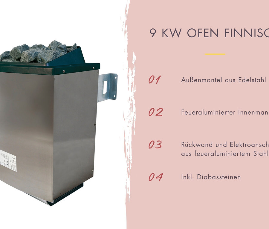 Karibu 9 kW finnischer Saunaofen aus Edelstahl mit Diabassteinen auf der Oberseite und Montagehalterung.