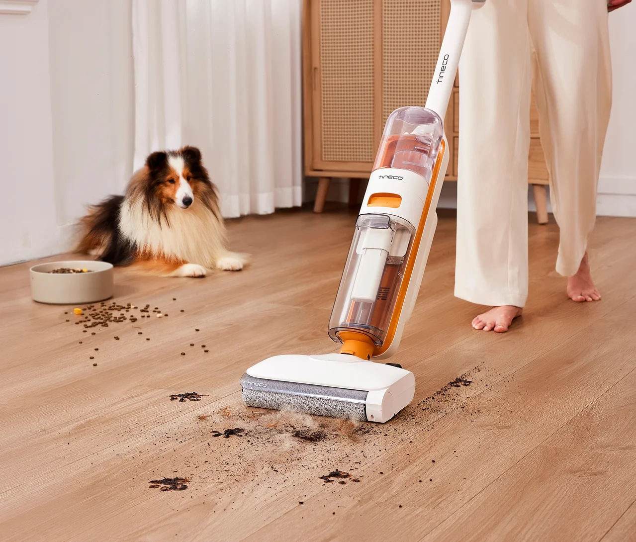 Eine Person reinigt mit dem Tineco 2-in-1-Nass-Trockensauger »Y2 Plus« einen Holzboden von Schmutz, Pfotenabdrücken und Tierhaaren. Ein Hund liegt im Hintergrund.