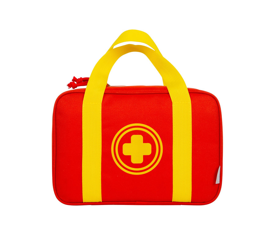 Rote small foot Notarzttasche mit gelben Tragegriffen und gelbem Kreuz-Symbol auf der Vorderseite.