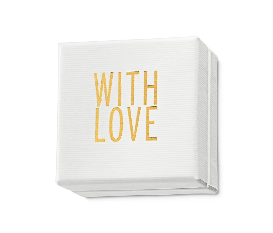 Ein Stapel weißer Servietten mit dem Schriftzug WITH LOVE in goldener Schrift.