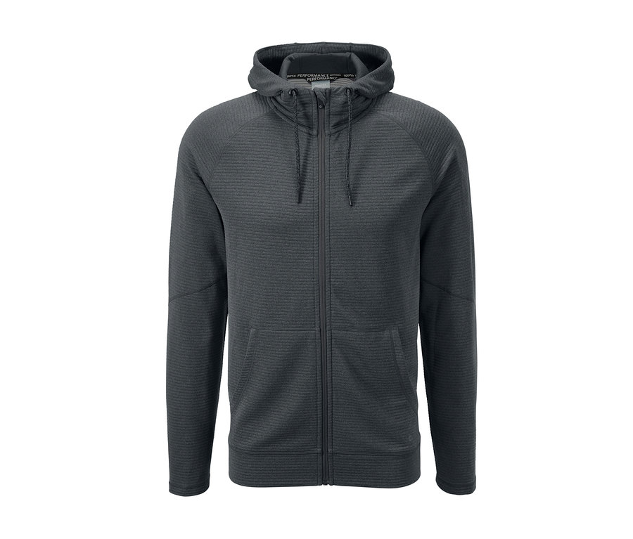 Graue Kapuzenjacke mit Reißverschluss in der Mitte.