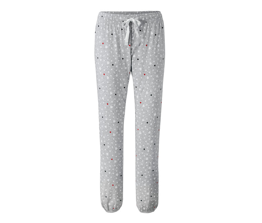 Graue Jersey-Relaxhose mit roten, weißen und schwarzen Herzen.