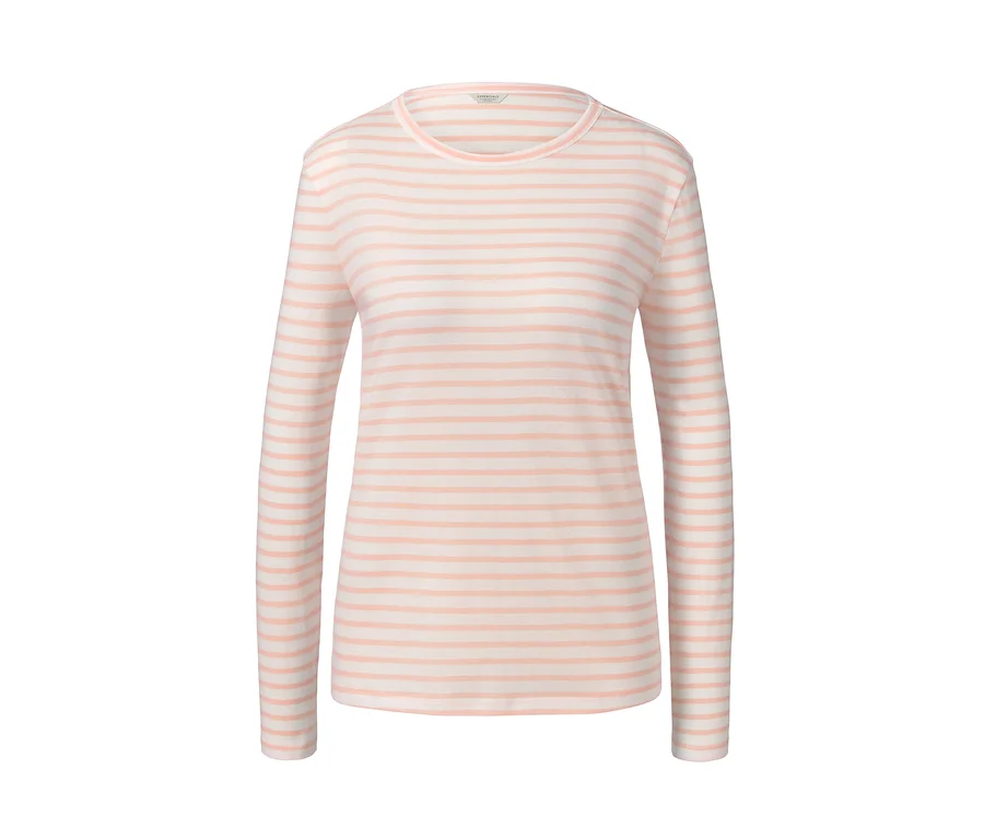 Langarmshirt, korallefarben-weiß gestreift.