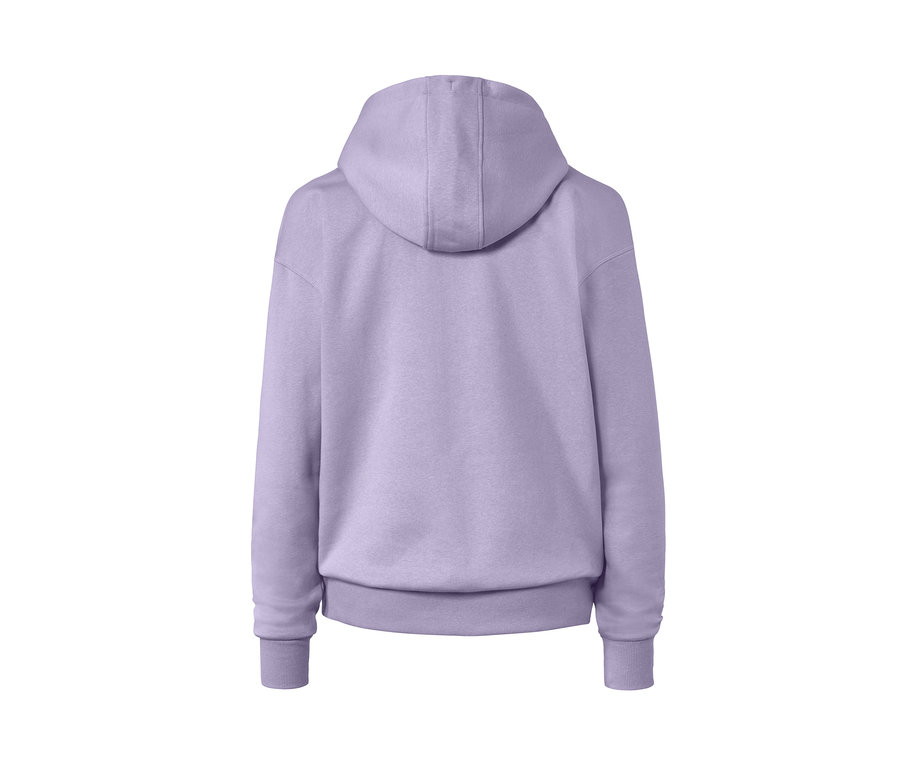 Rückansicht eines fliederfarbenen Kapuzensweatshirts.