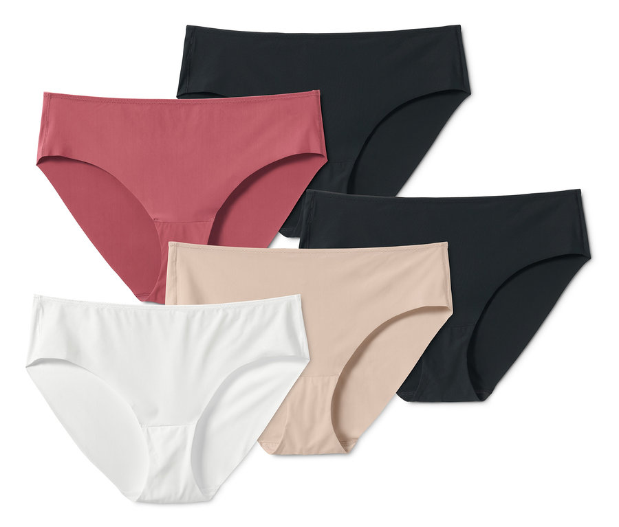 Fünf Magic-Cut-Slips in Weiß, Schwarz, Nude und Malve.