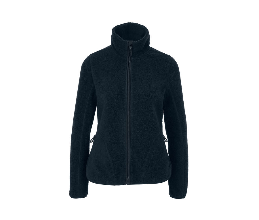 Eine dunkelblaue Teddyplüsch-Jacke mit Kragen und Reißverschluss.