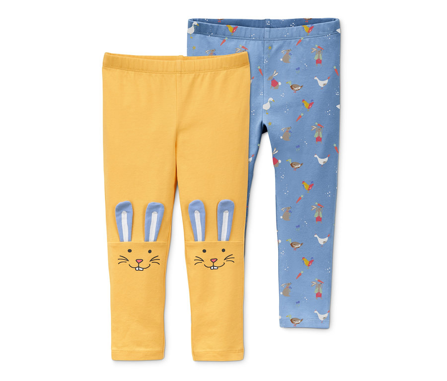 Zwei Leggings: eine gelbe mit Hasenmotiv und eine blaue mit Hasen-, Enten- und Karottenmuster.