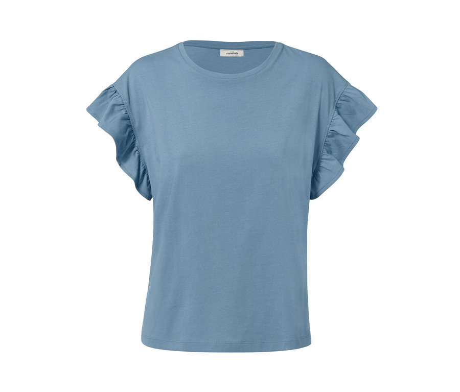 Rauchblaues Shirt mit Volant auf weißem Hintergrund.