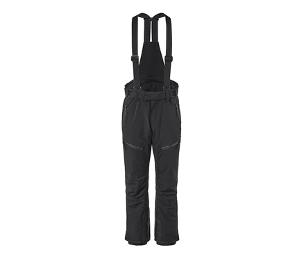 Eine schwarze High-Tech-Skihose mit Latz und Reißverschlüssen.