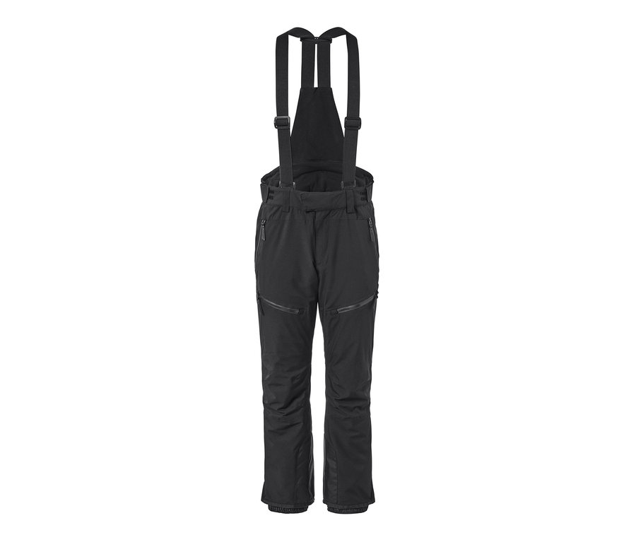 Eine schwarze High-Tech-Skihose mit Latz und Reißverschlüssen.