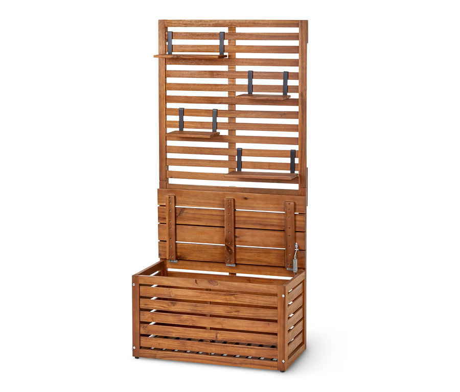 Offene Balkon-Sichtschutzbank mit Stauraum aus braunem Holz.