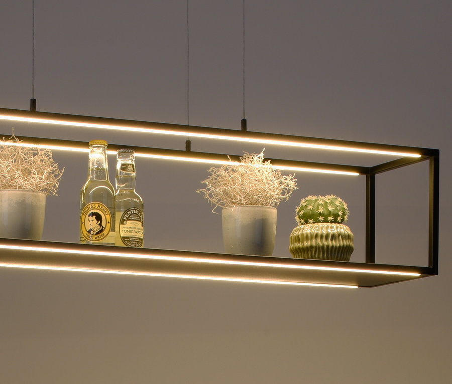 Schwarzer Paul Neuhaus LED-Pendelleuchte »Contura« Rahmen mit Topfpflanzen und Flaschen.