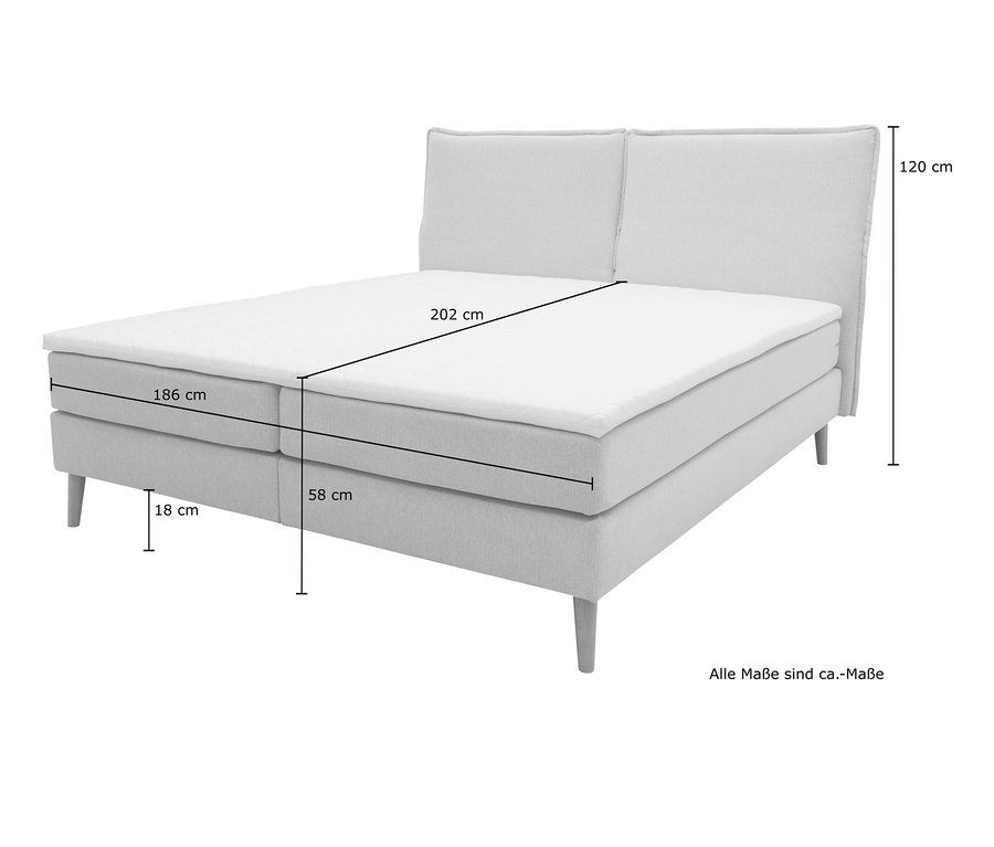 Abmessungen des grauen DOMO collection Boxspringbettes mit Topper und Rueckenfunktion, ca. 180 x 200 cm.