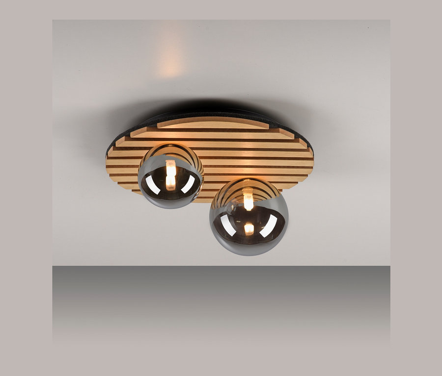 JUST LIGHT Deckenleuchte »Green Stika« mit zwei Glaskugeln auf einem Holzsockel.