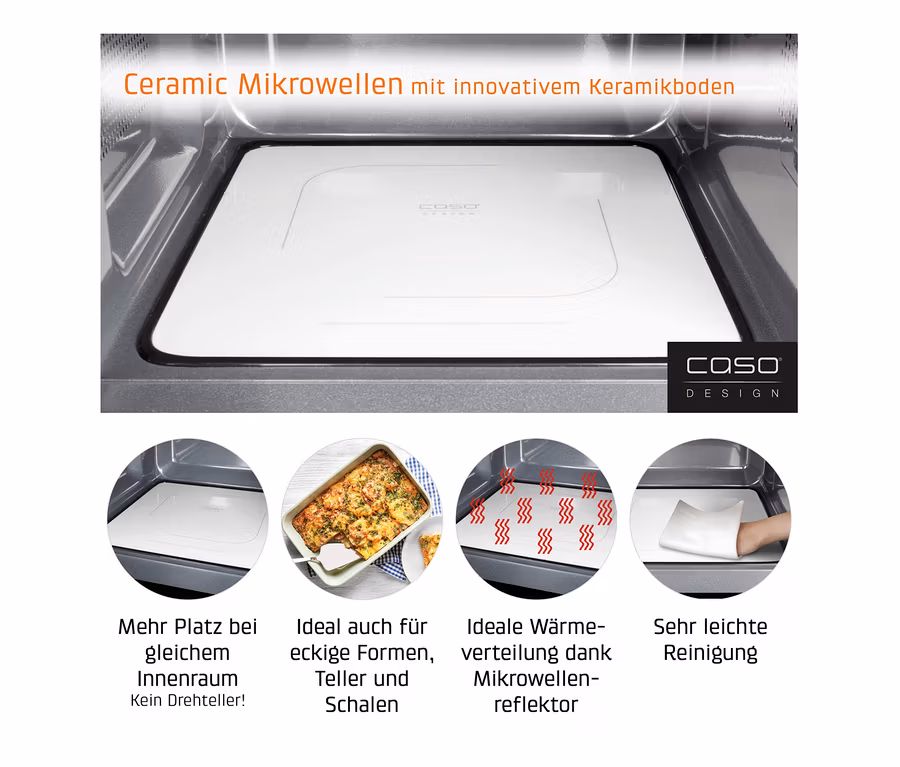 Innenansicht einer Caso Mikrowelle mit Keramikboden.