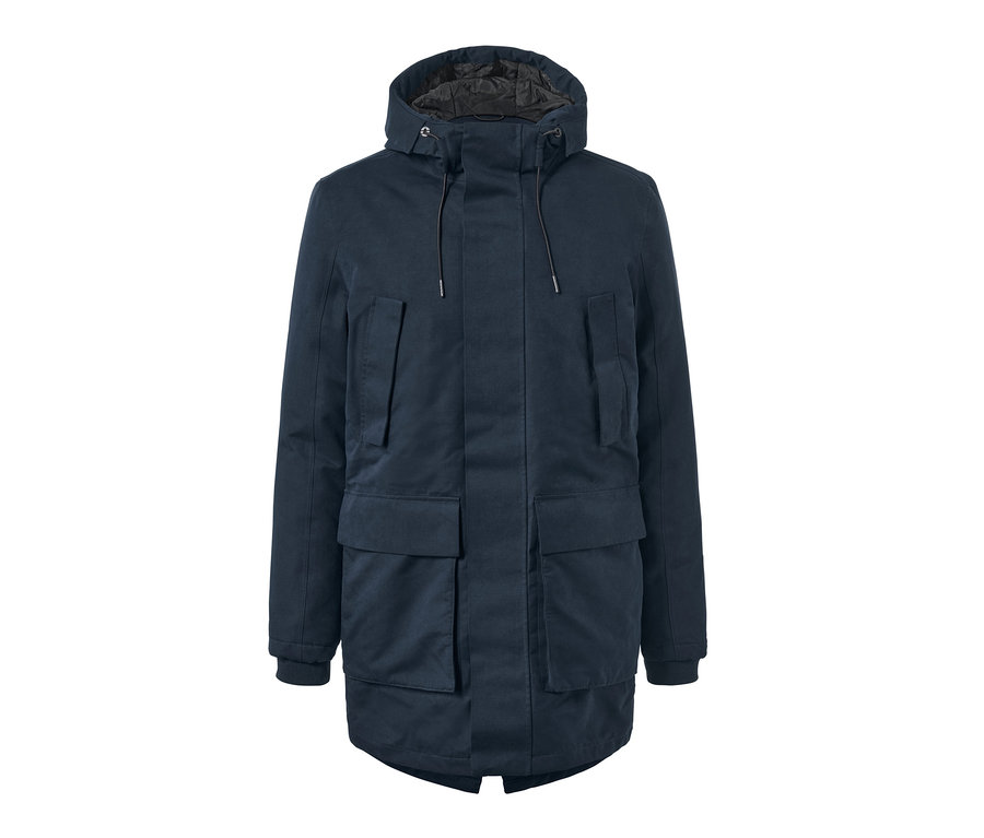 Marineblaue Parka mit Kapuze und Taschen.