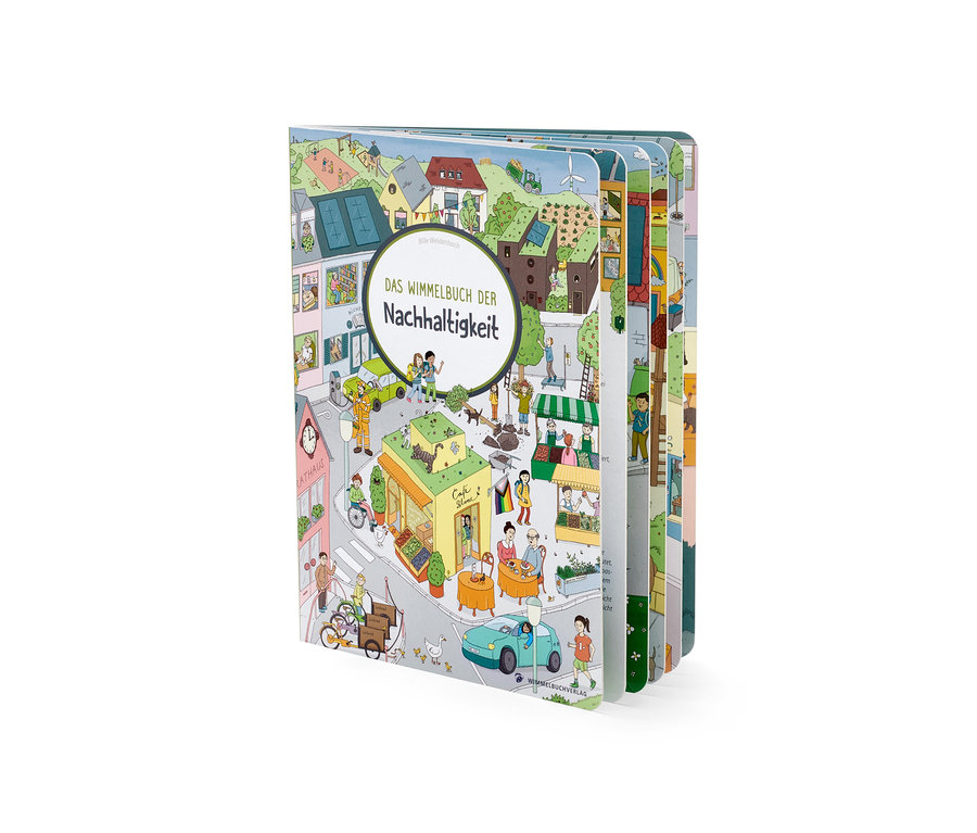 Illustration aus dem Buch »Das Wimmelbuch der Nachhaltigkeit«, die eine belebte Stadt mit Menschen, Fahrzeugen und Gebäuden zeigt.