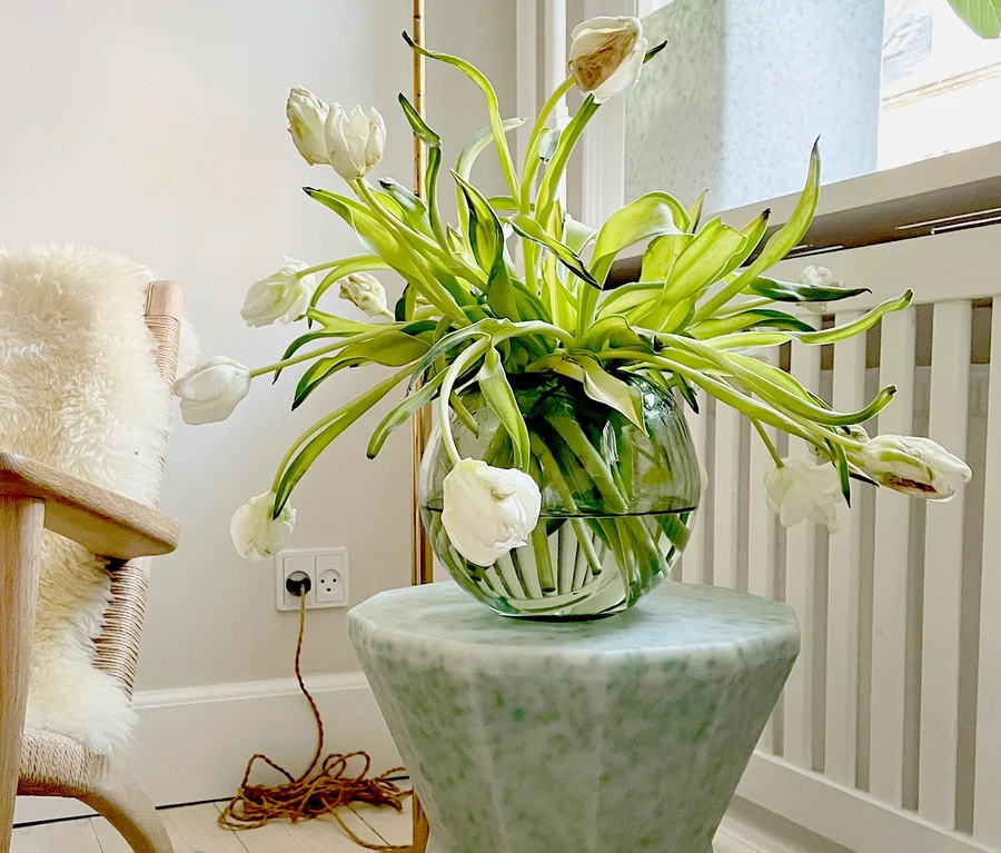 Vase mit weißen Tulpen auf einem grünen Beistelltisch.